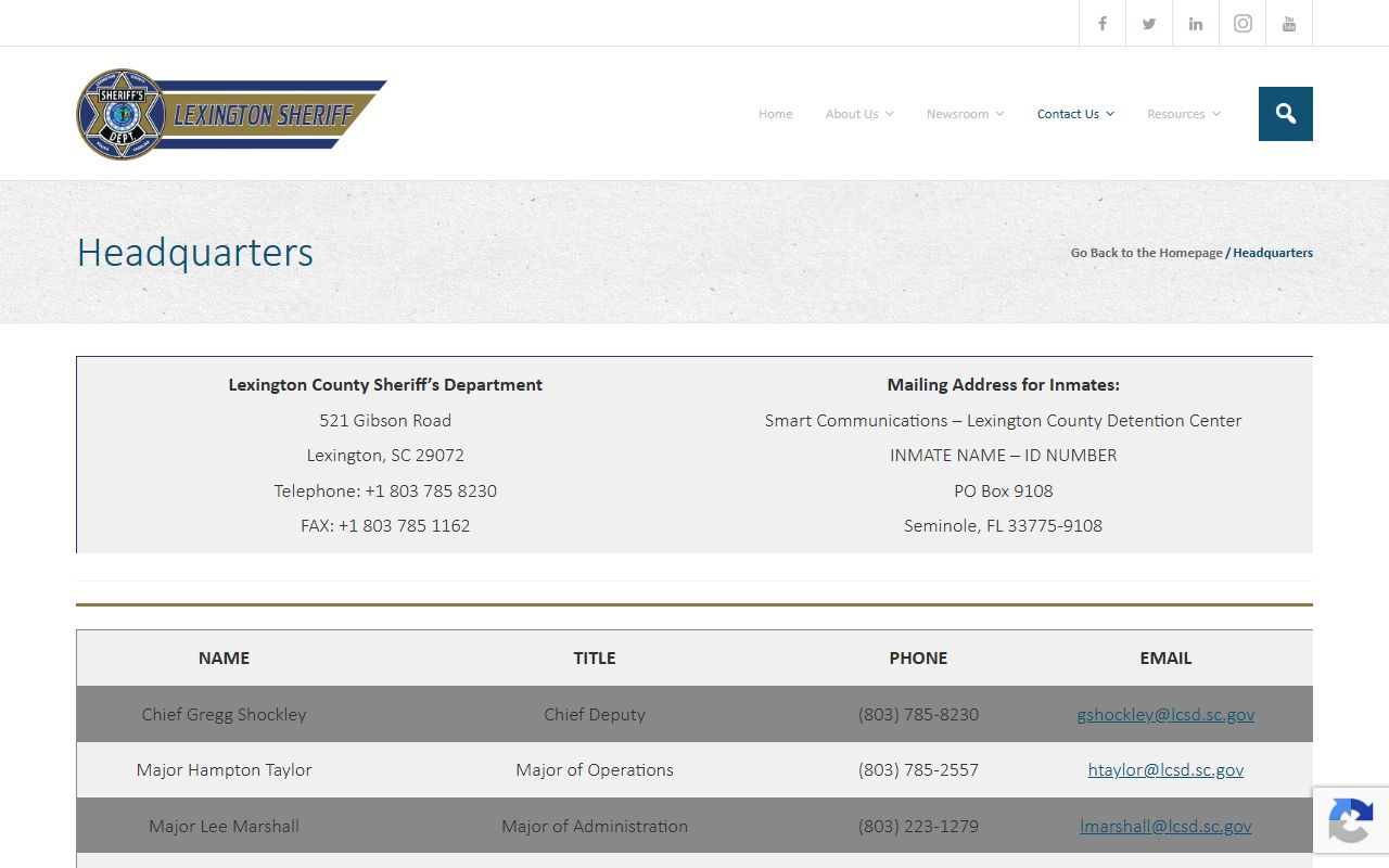 Lexington County arrest records Sheriff headquarters page