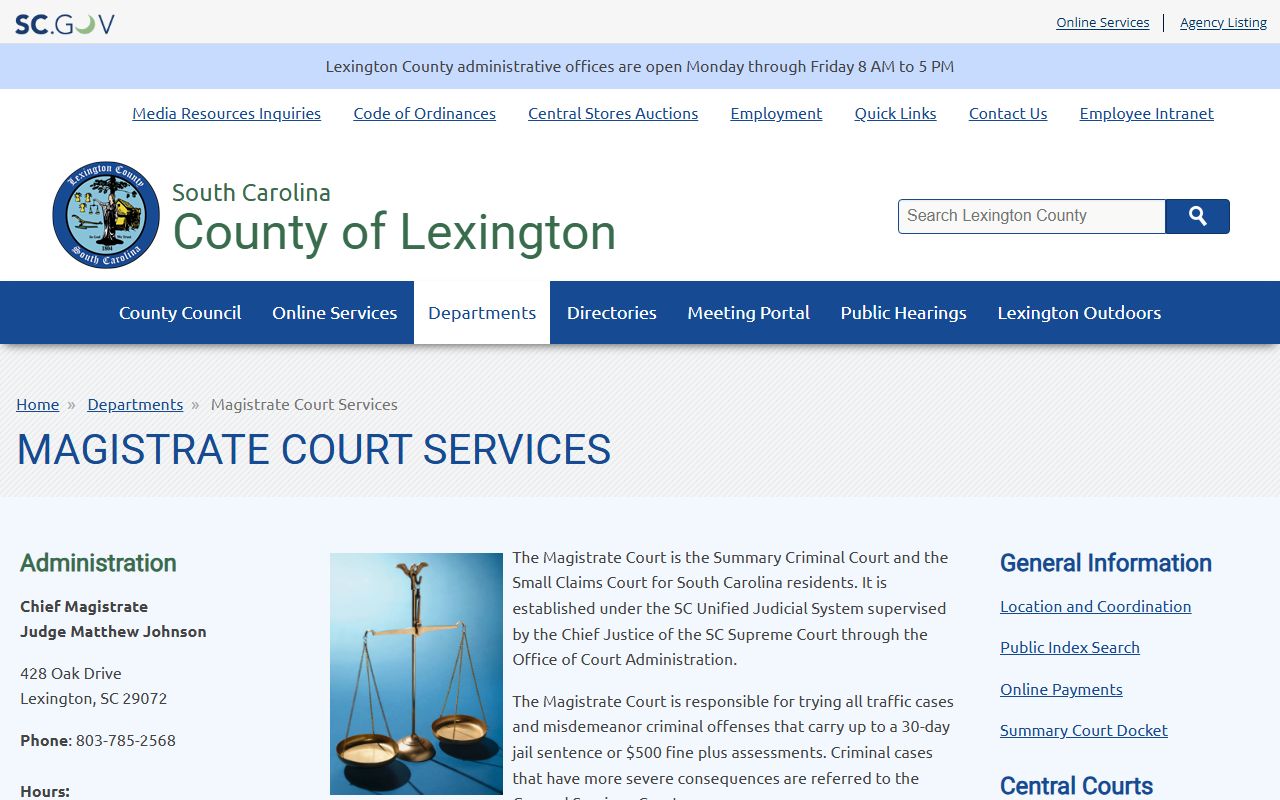 Lexington County court records Magistrate Court Services page
