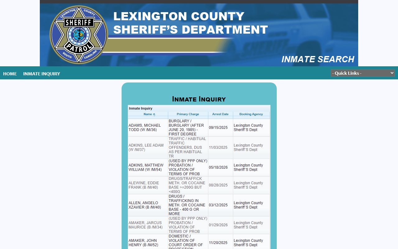 Lexington County inmate records P2C inmate inquiry search fields