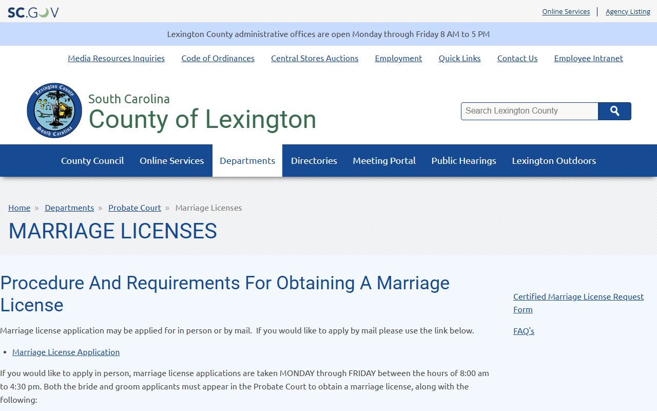 Lexington County marriage records Probate Court marriage licenses page