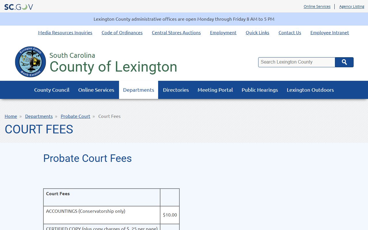 Lexington County probate records Probate Court fees page