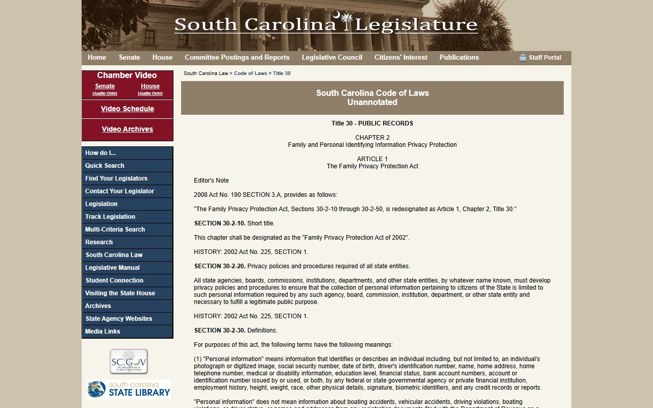 Lexington County public records South Carolina Family Privacy Protection Act