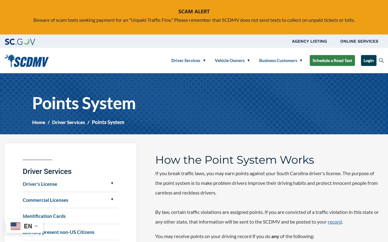 Lexington County traffic court records SCDMV points system