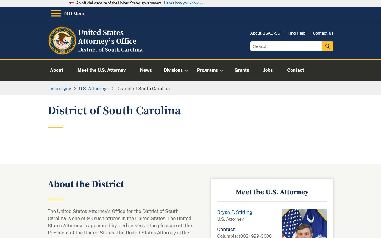 Lexington County warrant records US Attorney District of South Carolina
